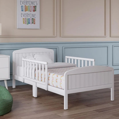 Cama para niños pequeños, cama de transición de diseño moderno de madera maciza para niños con barandillas para dormitorio infantil con 2 protectores de seguridad