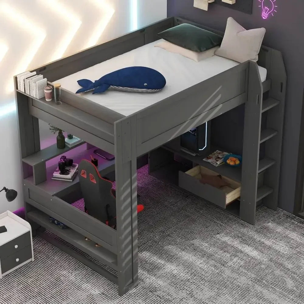 Wood Full Size Gaming Loft Bed Desk, Multi-storage Shelves,LED and Charging Station,Dark Gray Kids Bed Boys Bed Children's Beds