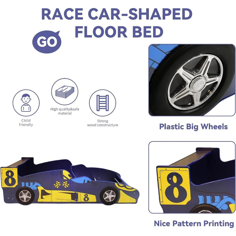 Twin Size Bed Frame for Kids, Race Car-Shaped Wooden Platform Bed with Headborad Wheel and Support Slats for Boys Girls Toddlers