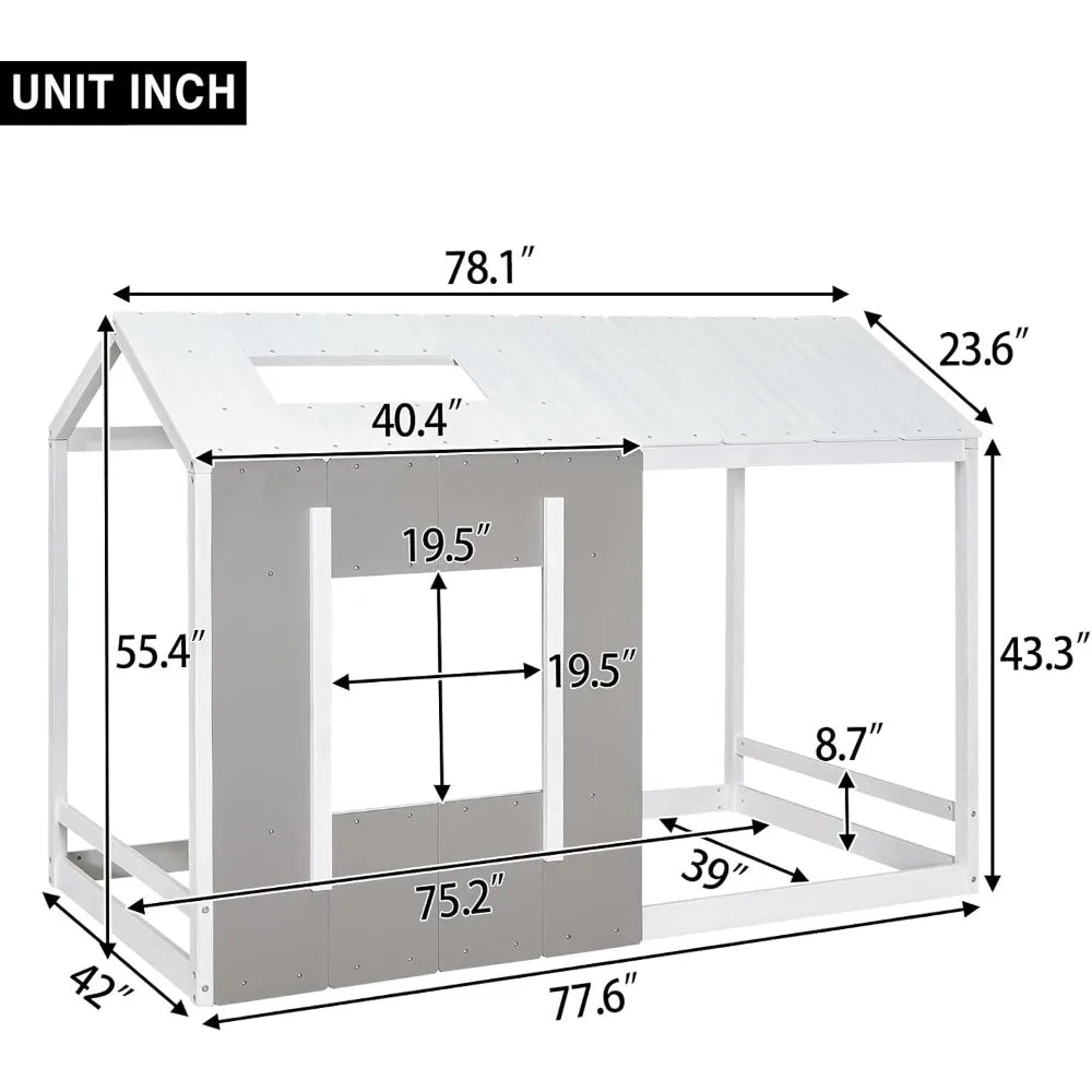 Lit double pour enfants avec cadre en bois au sol, style cottage