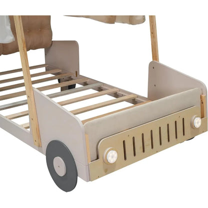 Lit double pour voiture avec oreiller et éclairage LED en forme de phares de voiture, cadre de lit en bois pour enfant avec tissu de plafond et porte-revues, naturel