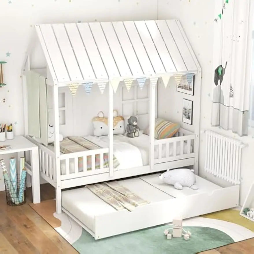 Twin House Bed with Trundle, Kids Bed Frame with 82" Tall Roof, Windows and Guardrail, Wooden Playhouse Bed for Teens Boys Girls