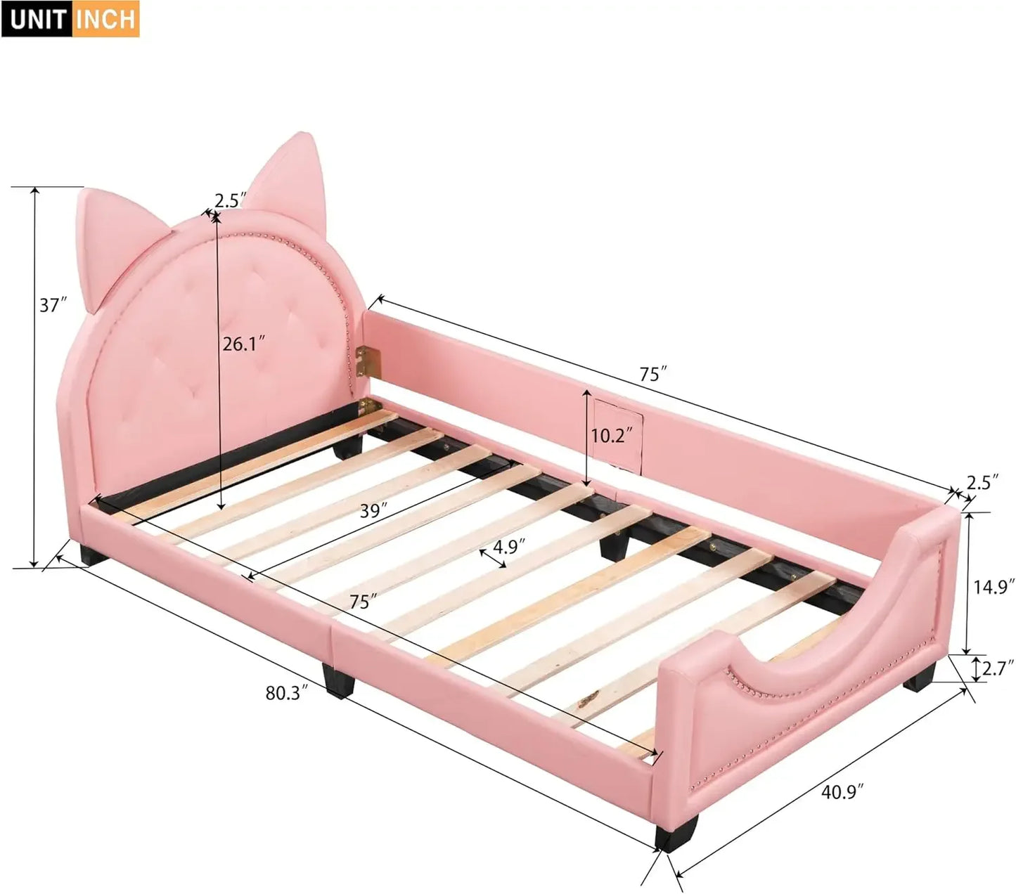 Cama de día tapizada tamaño twin con cabecero de orejas de conejo, estructura de cama con plataforma para niños, dormitorio infantil, no necesita somier