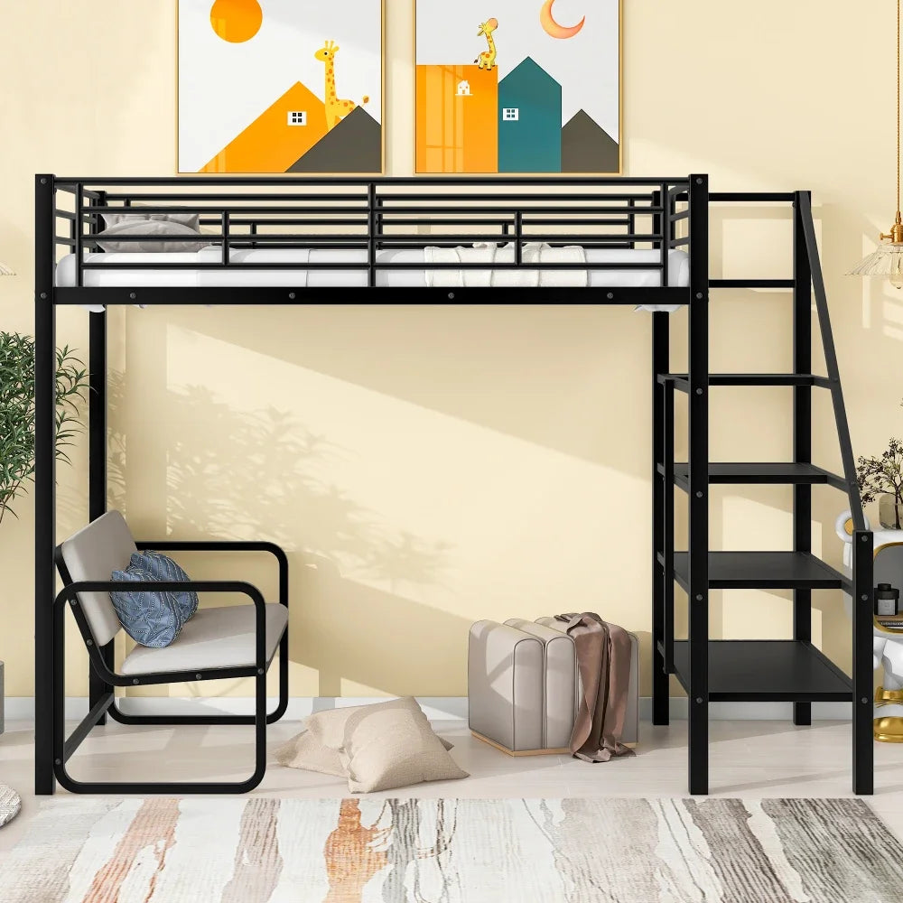 Twin Size Metal Loft Bed with Bench and Storage Staircase,Black Bunk Beds for Kids Bed for Girls From 6 To12 Years Princesses US