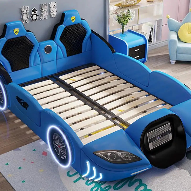 Preciosa cama infantil multicolor con barandilla, muebles de dormitorio de madera maciza, bonita cama infantil con forma de coche para niños y niñas