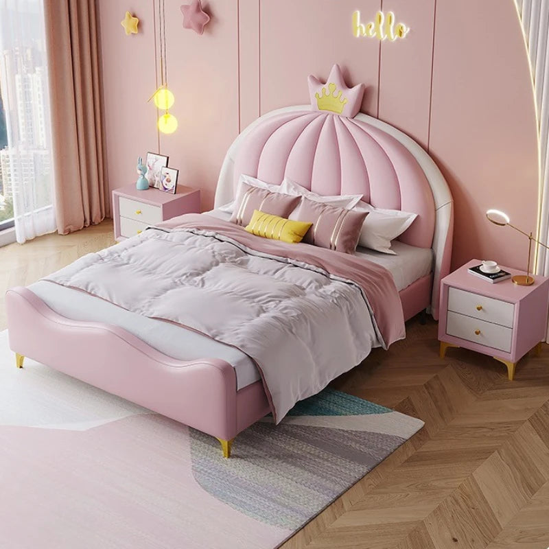 Lit pour enfants de luxe moderne pour filles, joli lit rose avec coussin, ensemble de meubles de chambre à coucher Queen, style loft princesse