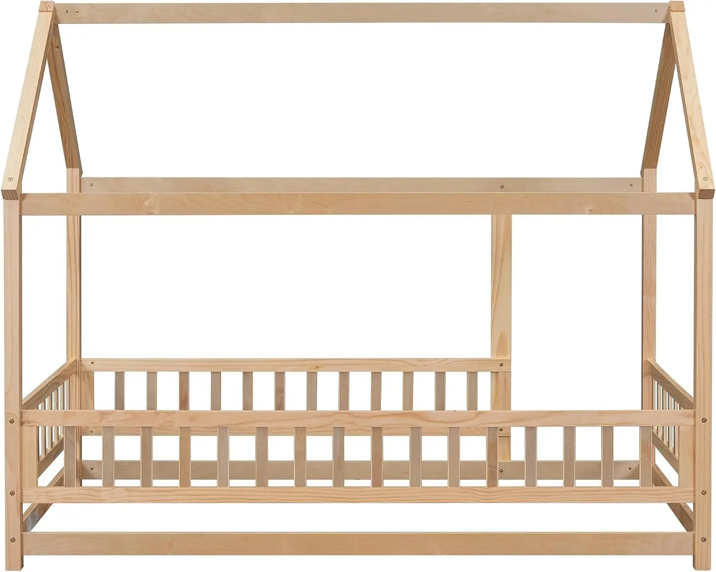 Cama de tamaño casa para niños y niñas, cama Montessori de madera con valla y techo, fácil de montar, no necesita somier, color natural