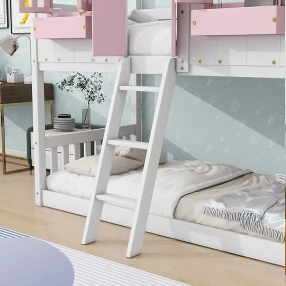 Wood House Twin Bunk Bed with Windows Doors Ladder Safety Guardrails Pink/White Low Height Design Modern Style 81.7" x 57.8" x