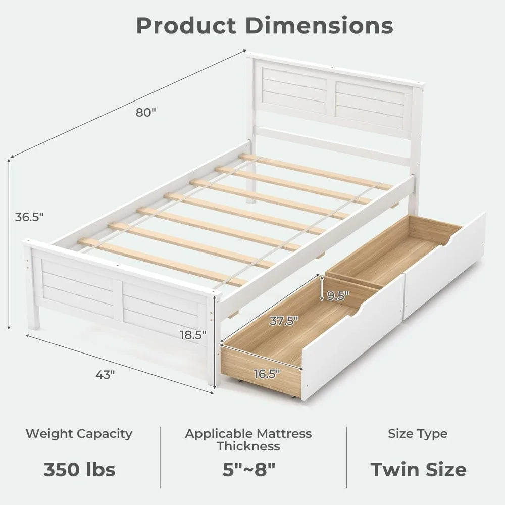 Lit simple en bois avec 2 tiroirs de rangement, avec tête de lit, sommier à lattes en bois, pour enfants, adolescents, adultes, blanc