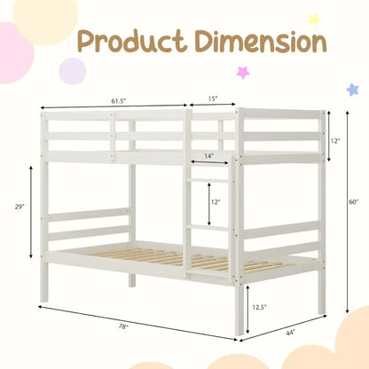 Wood Bunk Bed Twin Over Twin, Bunk Bed with Ladder & Safety Guardrail, Solid Wood Bed Frame, Ideal Multiple-Child Family, Beds