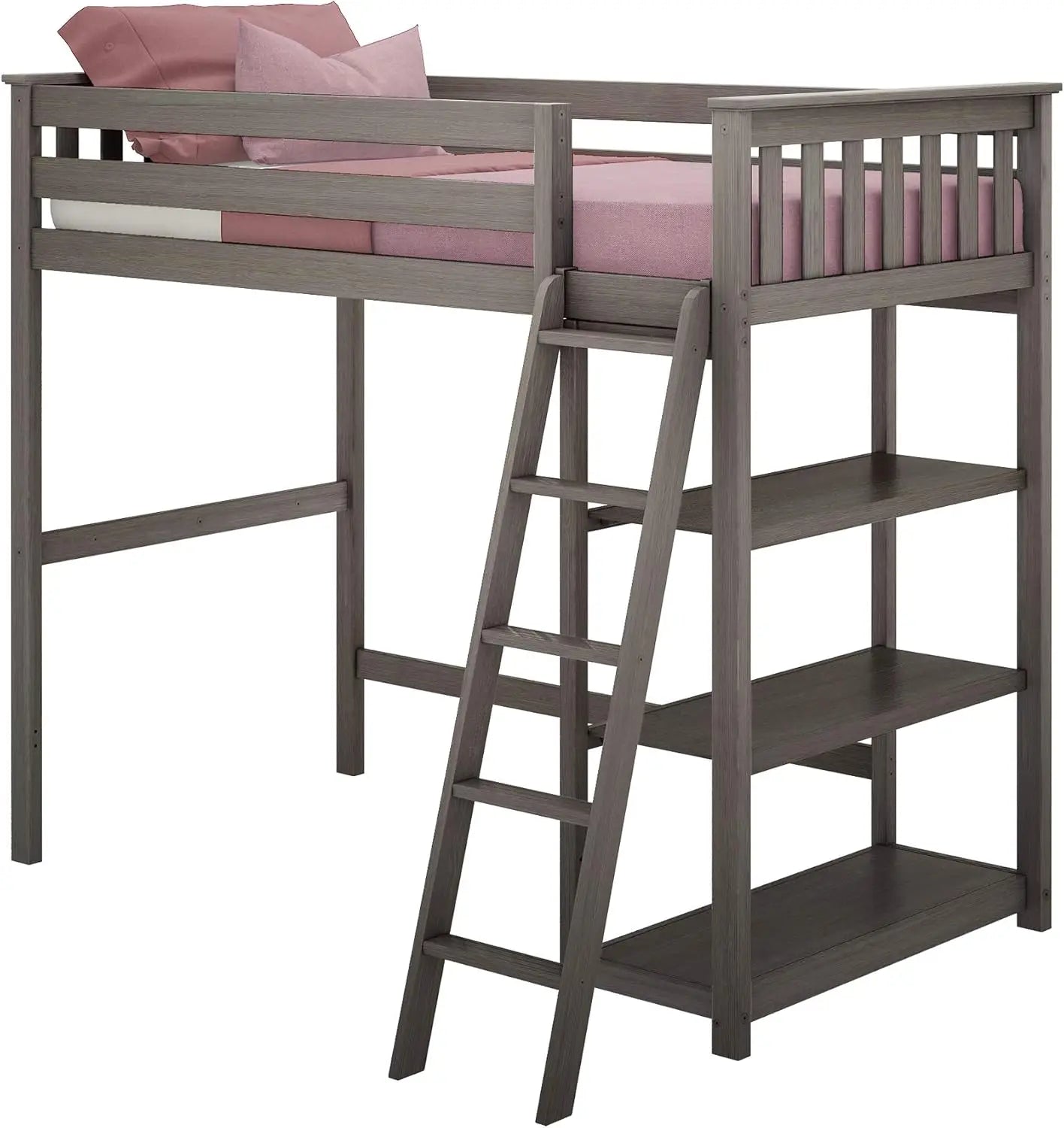 Loft Bed, Twin Bed Frame For Kids With Bookcase, Clay