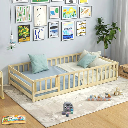 Twin Floor Bed with Door & Fence, Kids Wood Montessori Bed with Safety Guardrails, Floor Bed Frame for Kids, Boys, Girls, No Box