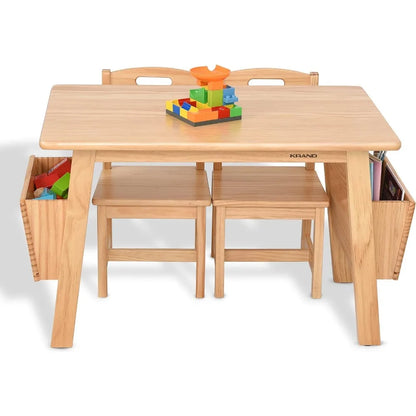 Juego de mesa y 2 sillas de madera maciza KRAND Kids con almacenamiento Juego de escritorio y silla para niños pequeños Mesa de actividades (madera maciza)