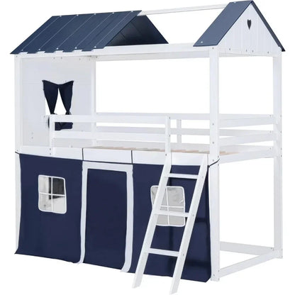 Twin Loft Bunk Bed with Tent,Kids Twin Loft Bed with Ladders,Guardrail,Windows & Roof,Suitable for bedrooms boys and girls