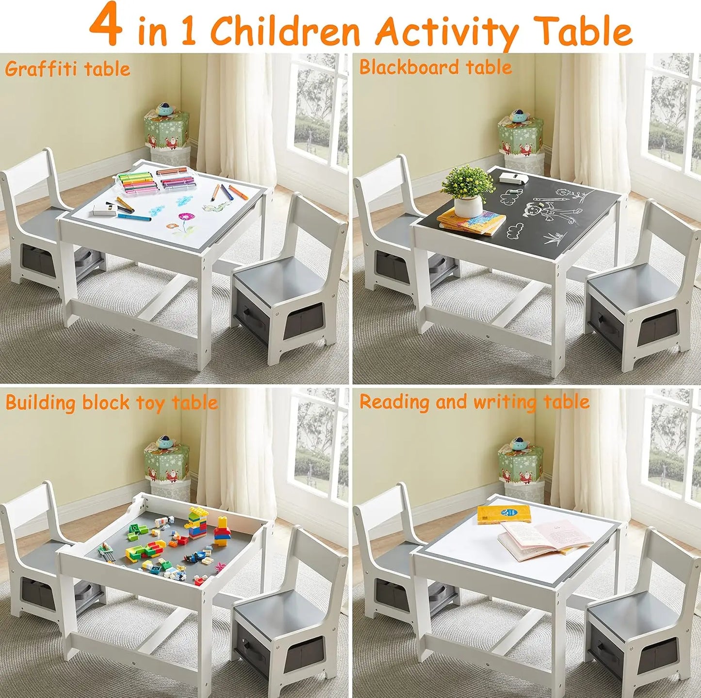 Table and Chair Set, 3 in 1 Wooden Activity Table with Storage Drawer for Toddlers Drawing, Reading, Crafts, Play, 2 in 1 Detach