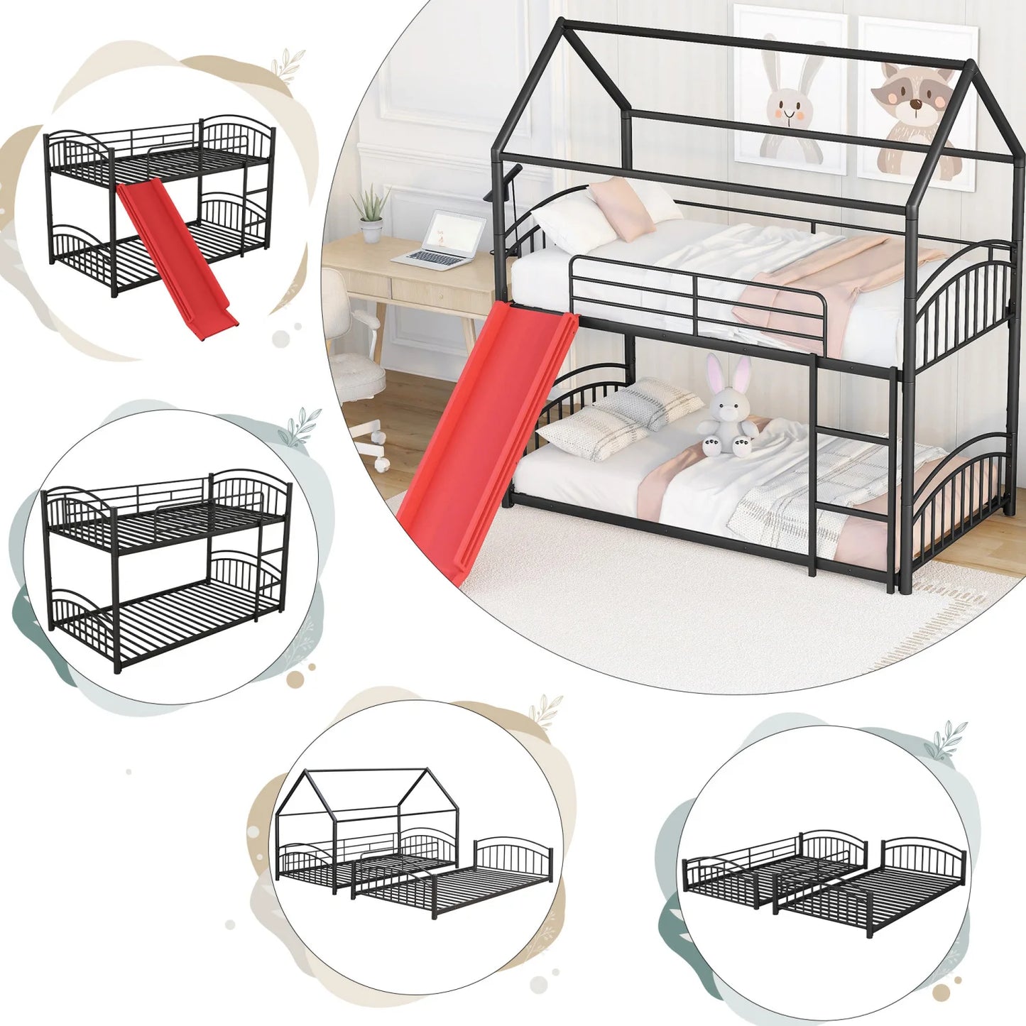 Litera de metal para dos personas con tobogán, cama tipo casa para niños, color negro y rojo