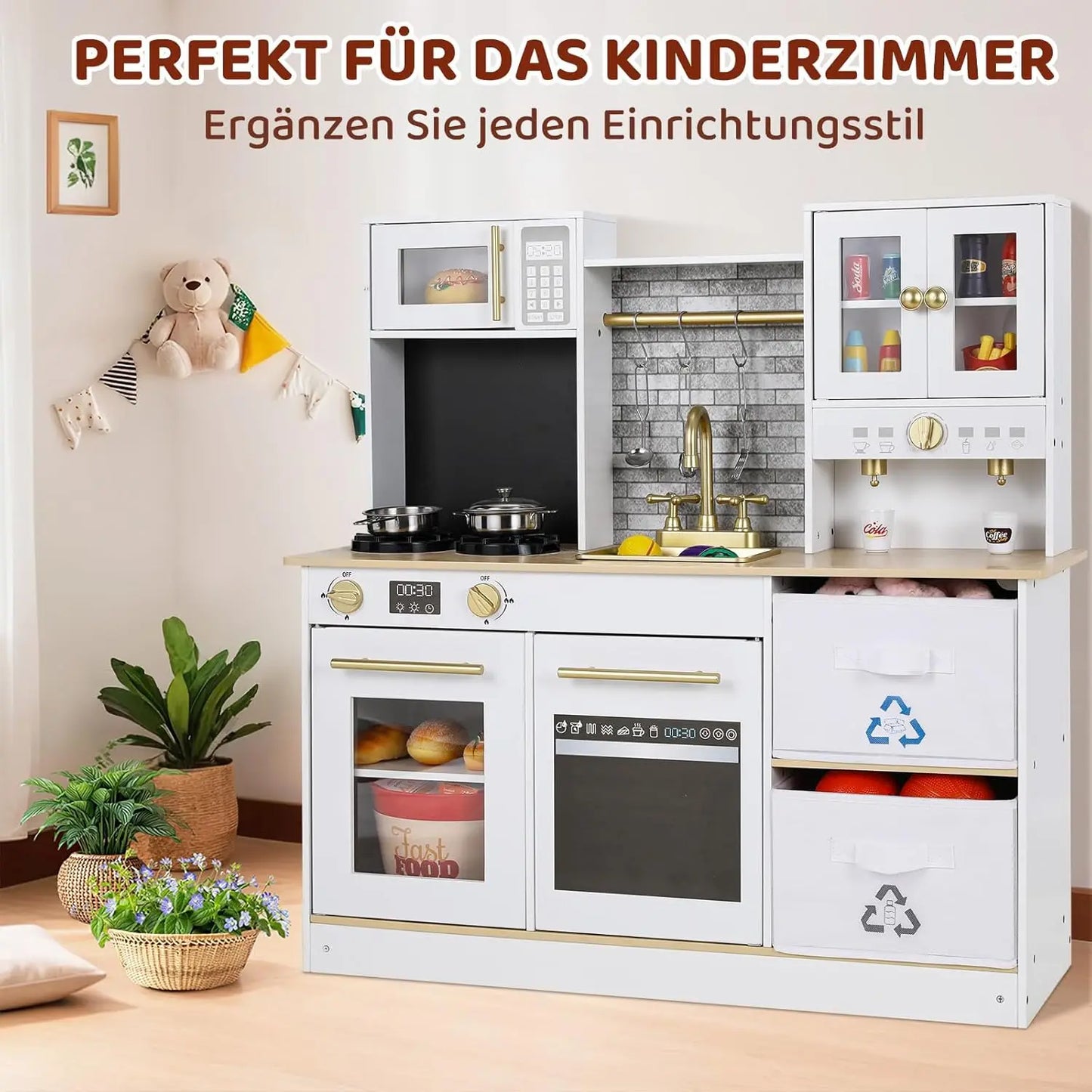 Play Kitchen for Toddlers Kids Childrens Kitchen Playset Wooden Cooking Pretend Toys w/ Simulated Light and Sound Effects H 90cm