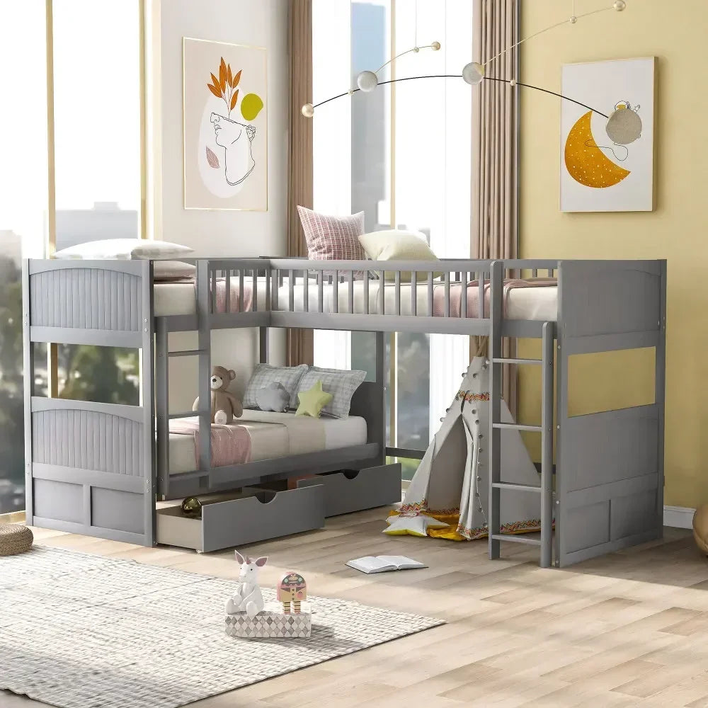 Twin Size Bunk Bed with A Loft Bed Attached,with Two Drawers,Gray Bed for Girls From 6 To 12 Years Princesses Bunk Beds for Kids