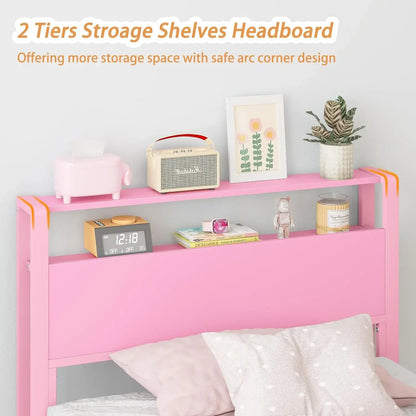 Twin Bed Frames for Kids with 2 Tiers Wood Storage Shelves Headboard, Twin Size Bed No Box Spring Needed Under Bed Storag