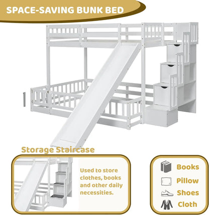 Twin Over Full Bunk Bed with Storage Stairs and Slide, Multifunctional Wood Bed with Guardrails and Bottom Door for Kids, White