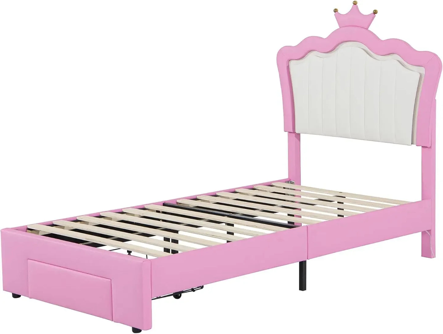 Twin Size Princess Bed with Storage Drawers for Girls,Cute Twin Size Bed Frame for Kids,Twin Upholstered Bed Frame with LE