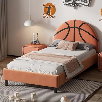 Cama infantil de tamaño doble con forma de baloncesto, tapizada en terciopelo, estilo deportivo, cama pequeña, soporte de listones de madera, no necesita somier