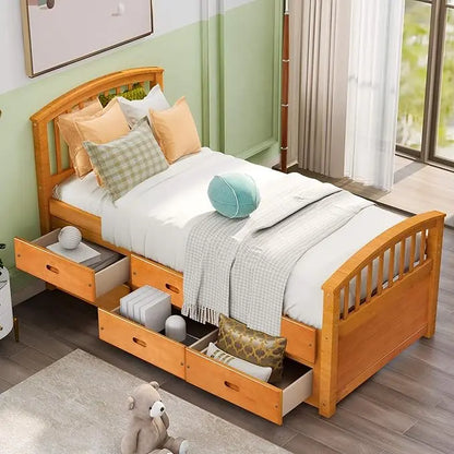 Twin Bed Frame with Storage Drawer Underneath,Captains Bed with Storage,Solid Wood Platform Bed with Headboard for Kids,Teen