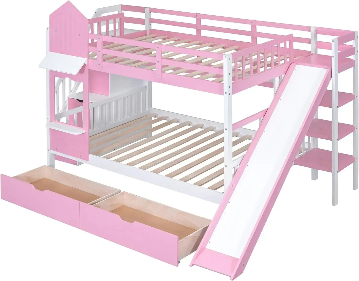 Softsea Wood Bunk Bed Frame Full Size Bedroom Furniture, Kid'S Bunk Bed Full Over Full With Drawers And Slide And Staircase,