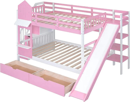 Litera de madera Softsea, muebles de dormitorio de tamaño completo, litera para niños de tamaño completo con cajones, tobogán y escalera