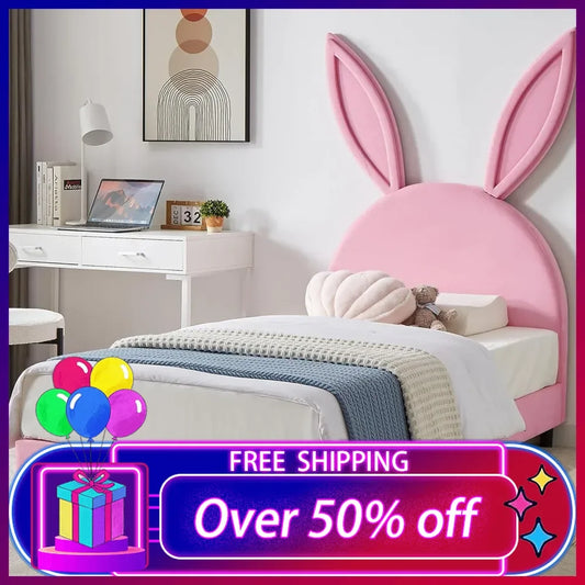 Kids Twin bed Frame with Upholstered Headboard, Princess Beds for Girls, 12 Wooden Slats Support, No Boxing Spring Needed