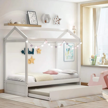 Cama nido para niños con dos camas individuales, estructura de cama tamaño twin, sofá cama tipo casa, no necesita somier, color blanco