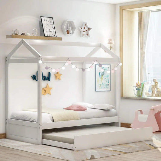 Twin House Bed for Kids with Trundle, Twin Size Bed Frame, House Daybed, No Box Spring Needed, White