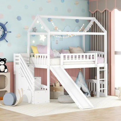 Cama alta con tobogán, camas altas tipo casa de tamaño doble con cajones de almacenamiento, cama tipo casa de juegos con escalera para niños pequeños, niñas y niños