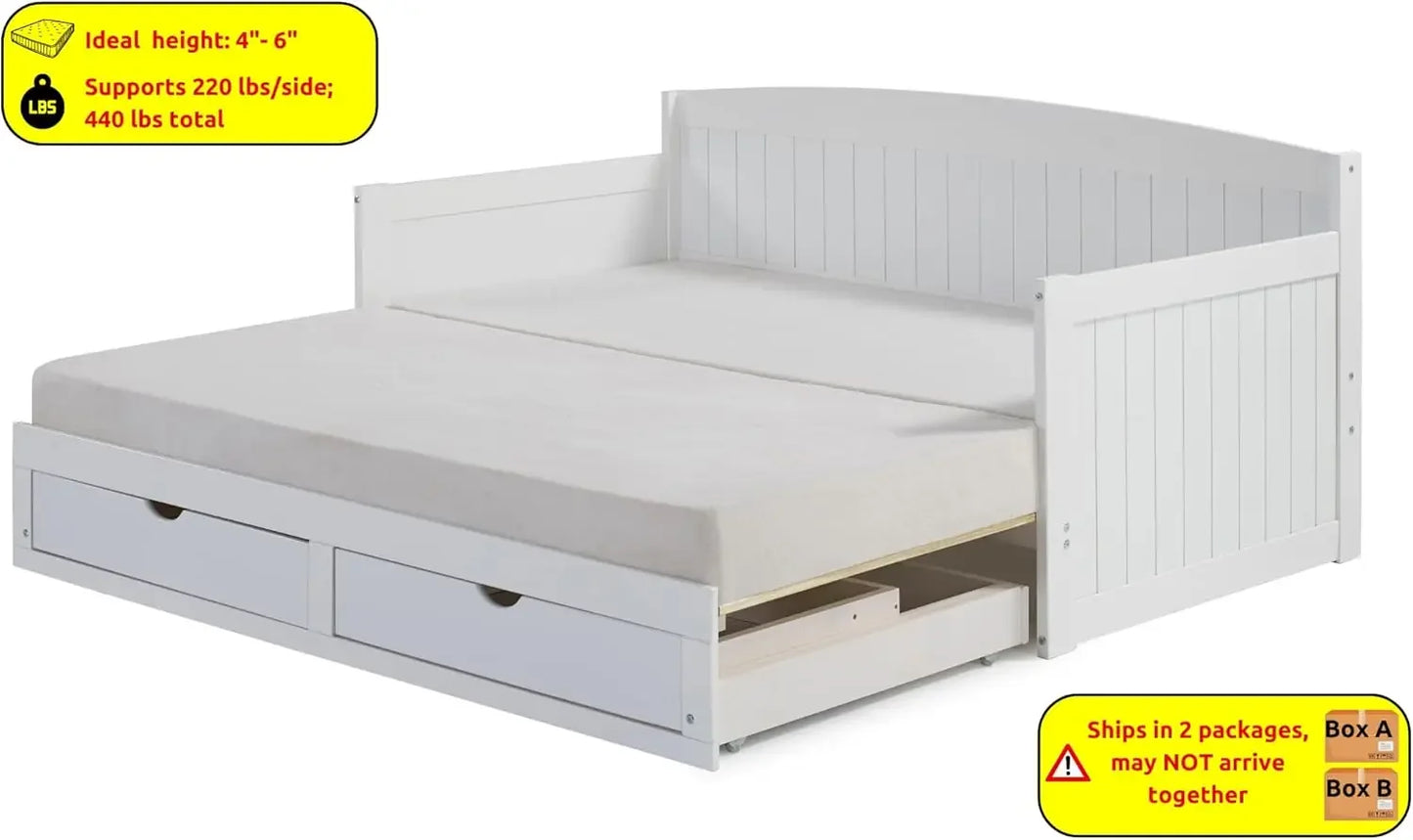 Cama de día de madera, individual, cama nido de pino brasileño blanco para fiestas de pijamas con niños, 2 cajones extraíbles, capacidad de peso de 440 lb