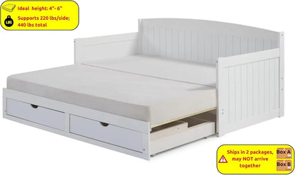 Wood Daybed, Single, White Brazilian Pine Trundle Bed for Sleepovers with Kids, 2 Pull-Out Drawers, 440 lbs Weight Capacity,