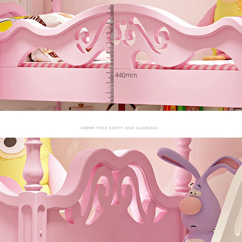 Preciosa litera de princesa para niñas y niños en madera maciza rosa, cama alta y baja, cama multifuncional para madres y adultos