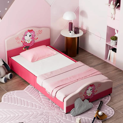 Twin Bed Frames for Kids, Toddler Wooden Twin Bed Platform w/Headboard & Slat Base,, Children Bedroom Furniture