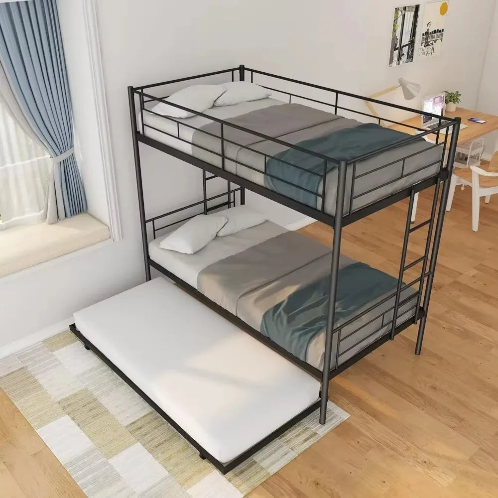 Twin Over Twin Bunk Bed with Trundle, Twin Bunk Beds for 3 Kids/Youths, Metal Bunkbed W/ 2 Ladders & Full-Length Guardrails