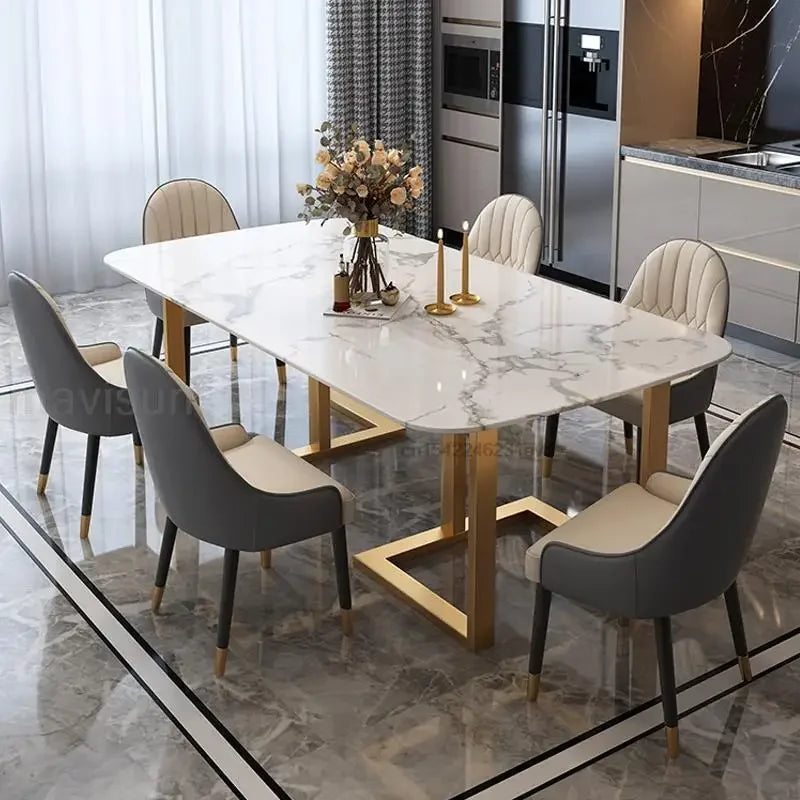 Mesa rectangular para comedor de 6 personas, estilo europeo, de mármol, moderna, para apartamento grande, de acero, muebles de lujo ligeros, base de acero