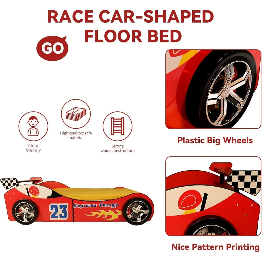 Twin Size Car Bed for Kids, Race Car-Shaped Wooden Platform Bed Frame with Headboard Wheels and Support Slats