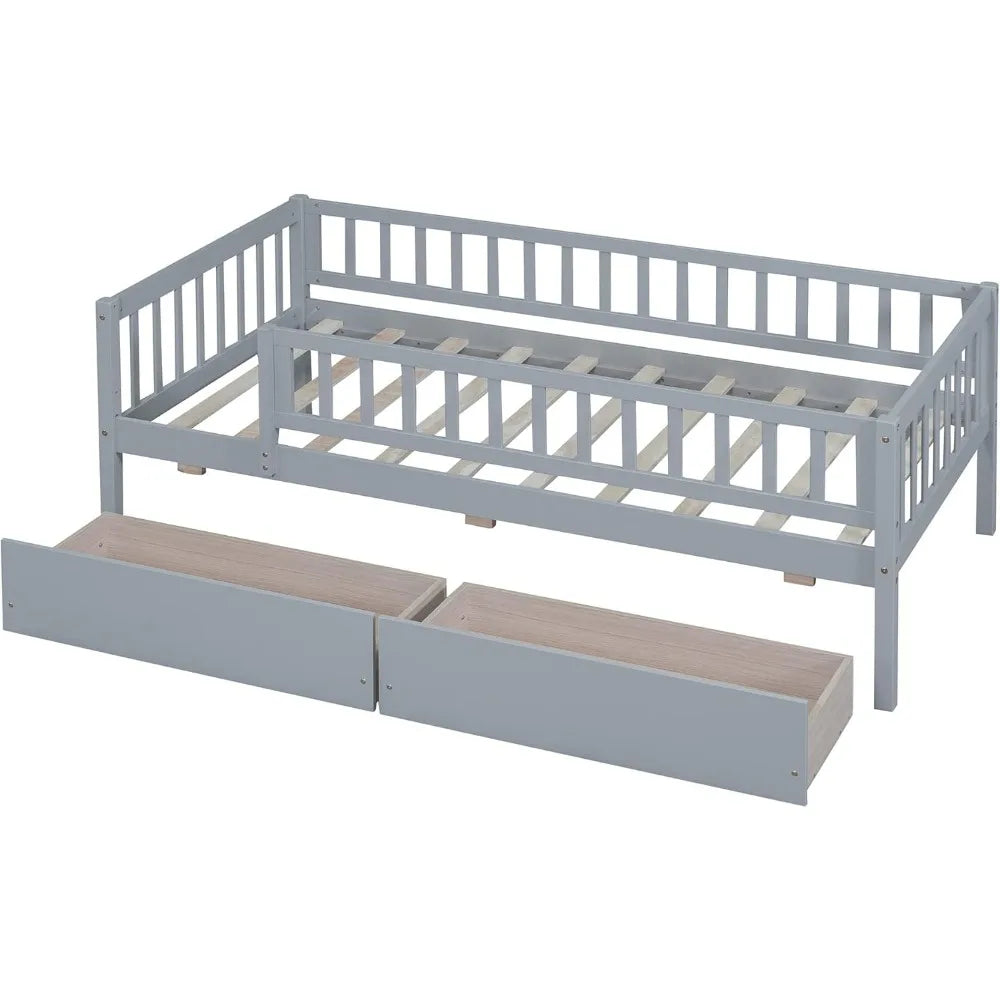 Lit double avec tiroirs, lit de repos pour enfants avec rangement, cadre de lit en bois avec lattes pour enfants, tout-petits, garçons et filles