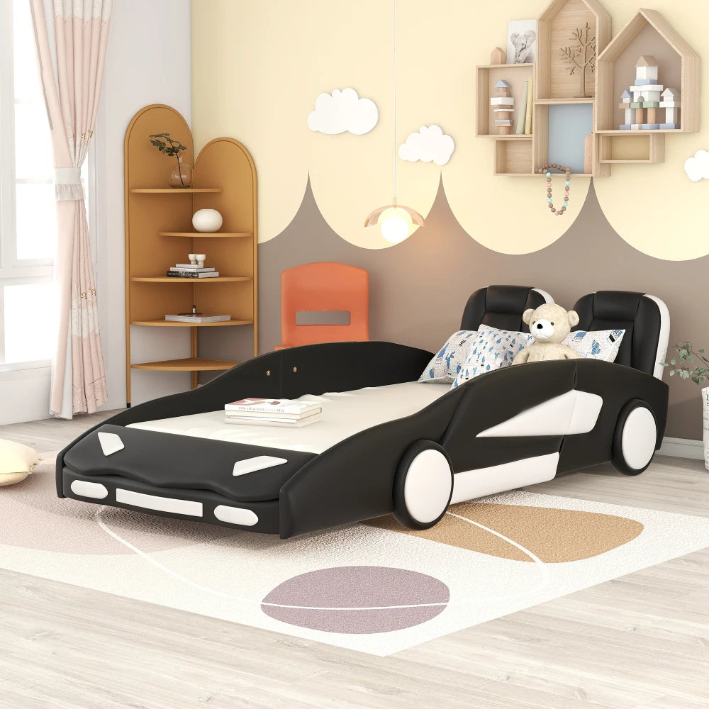 Lit plateforme double en forme de voiture de course avec roulettes Lits pour enfants pour garçons Lit pour enfants pour enfants