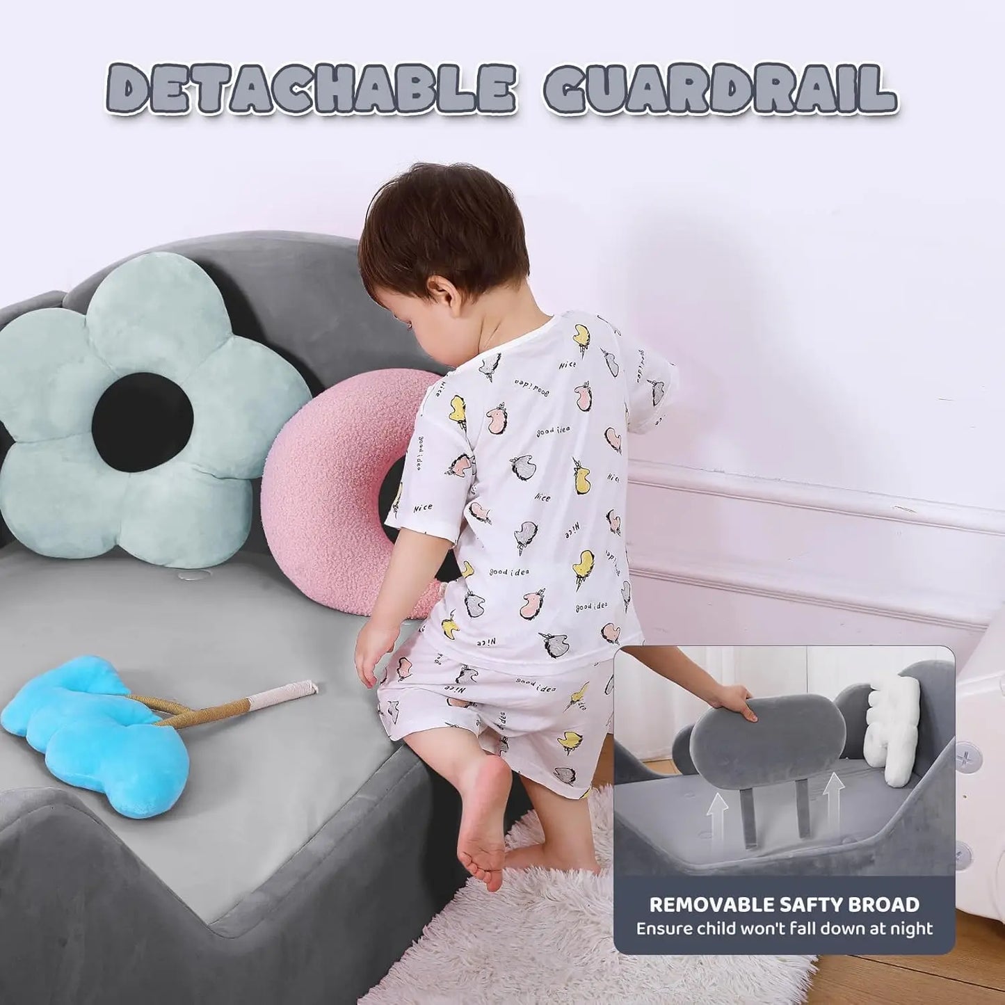 Lit pour tout-petit rond, lit pour tout-petit avec barrière et tête de lit ronde, lit pour tout-petit de taille standard pour enfants de 18 mois à 6 ans,