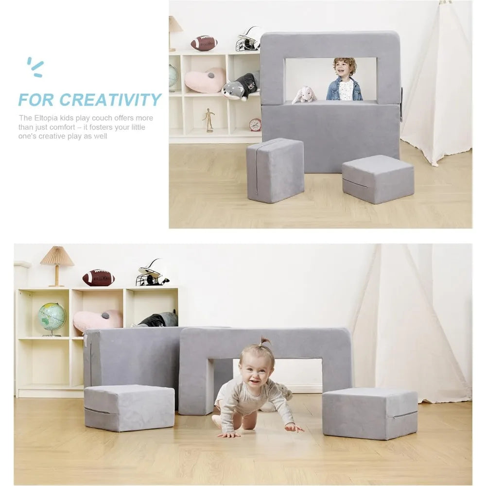 Canapé modulaire pour enfants, fauteuil en mousse pour tout-petits, ensemble de jeu de canapé convertible en peluche pour enfants, canapé-lit pliant (gris)