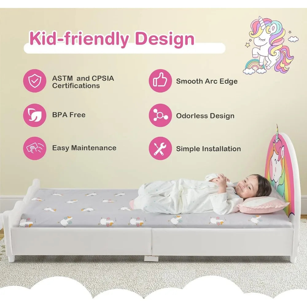 Twin Bed Frames for Kids, Wood Upholstered Twin Bed Platform with Slat Support, Padded Headboard&Footboard