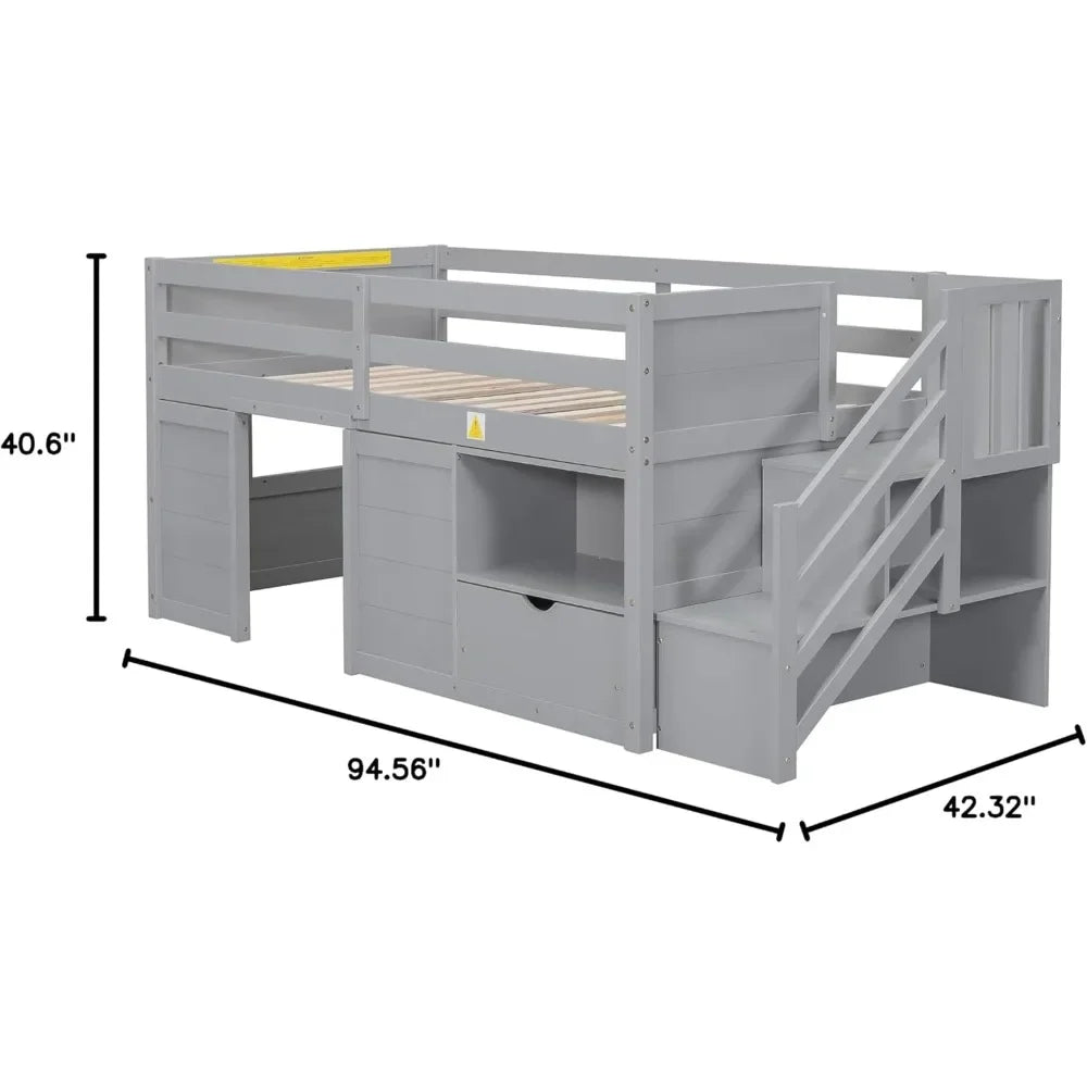 Cama loft baja de tamaño doble, cama loft con espacio de almacenamiento, cama loft doble moderna de estilo rústico para niños, con casa de juegos y cajones, estantería