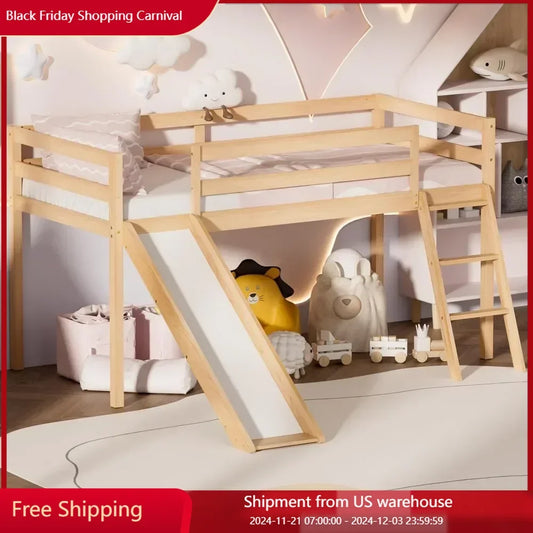 Low Loft Bed with Slide with Interchangeable Climbing Ladder & Storage Space for Kids Toddler Wood Twin Loft Bed Frame