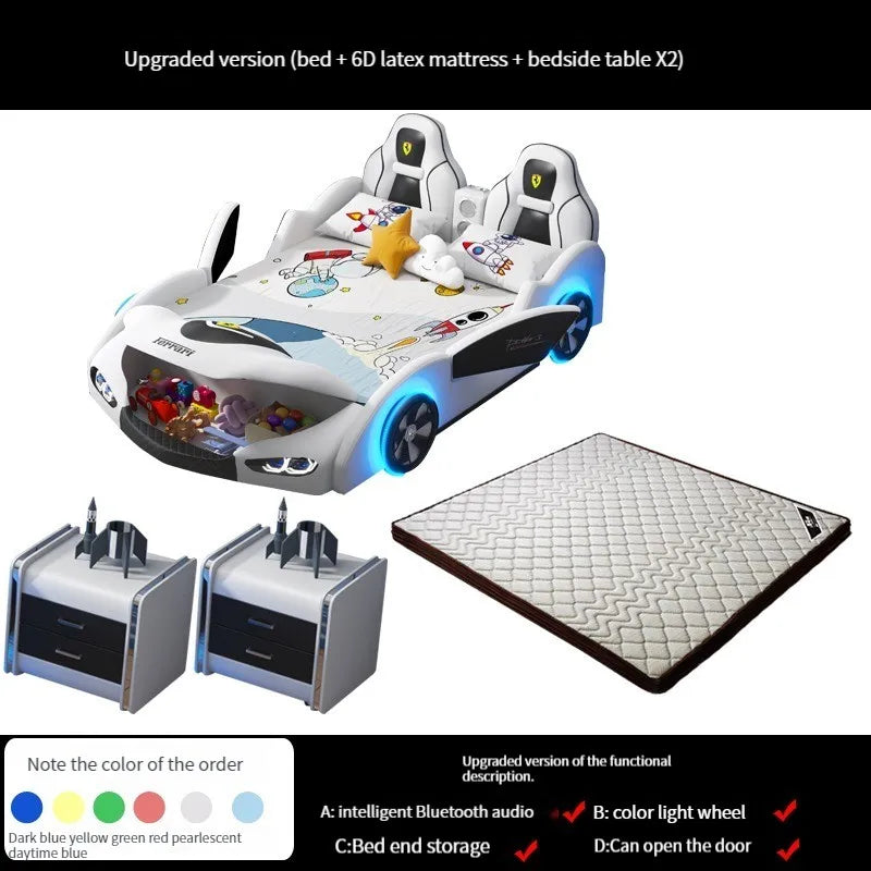 Cama infantil multifuncional con forma de coche para niños, marco de madera, dormitorio, cama versátil con dibujos animados y estilo con 2 mesitas de noche