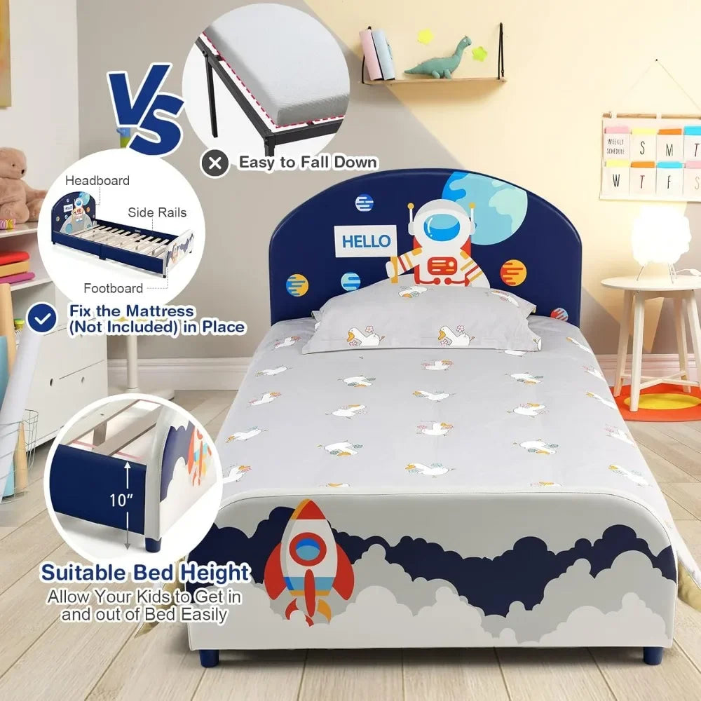 Twin Bed Frames for Kids, Wood Upholstered Twin Bed Platform with Slat Support, Padded Headboard&Footboard