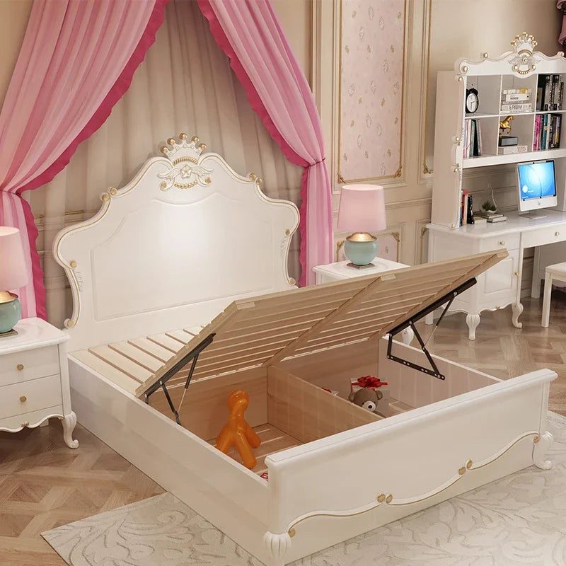 Cama doble de lujo de madera de princesa para niños, moderna cama individual blanca tipo loft, juego de dormitorio para niñas y niños